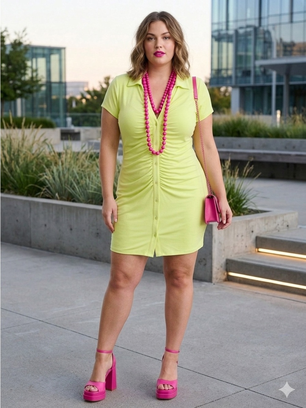 Rue21 Neon Lime Yellow Ruched Button Front Dress XL NWT
